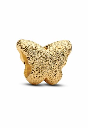 Goldene Schmetterlingsanhänger mit strukturiertem Oberflächen und hohlem Zentrum, gestaltet mit ausgeprägten Flügeln und polierter Oberfläche.