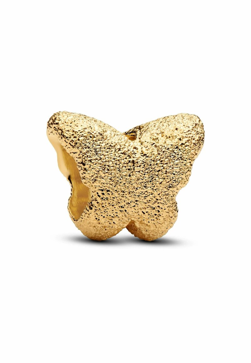 Goldene Schmetterlingsanhänger mit strukturiertem Oberflächen und hohlem Zentrum, gestaltet mit ausgeprägten Flügeln und polierter Oberfläche.