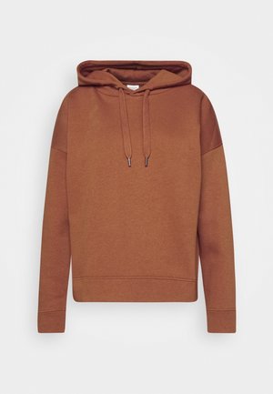 Brauner Kapuzenpullover mit langen Ärmeln und Kordeln, dargestellt auf einfachem weißem Hintergrund.