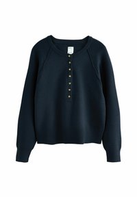 Navy blue knitted sweater with a round neckline, long raglan sleeves, and a button placket featuring gold-tone buttons down the front.