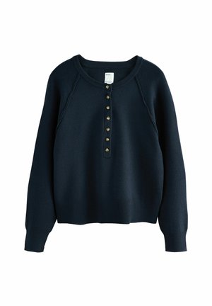 Navy blue knitted sweater with a round neckline, long raglan sleeves, and a button placket featuring gold-tone buttons down the front.
