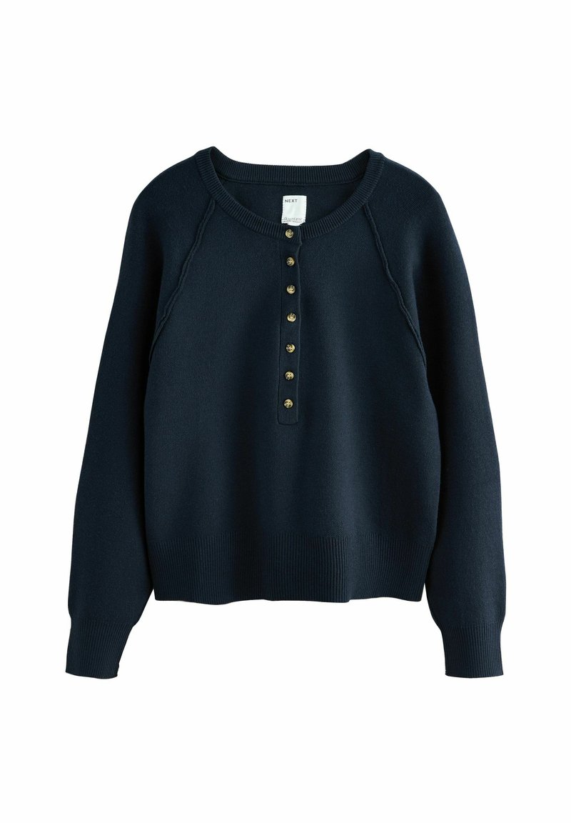 Navy blue knitted sweater with a round neckline, long raglan sleeves, and a button placket featuring gold-tone buttons down the front.