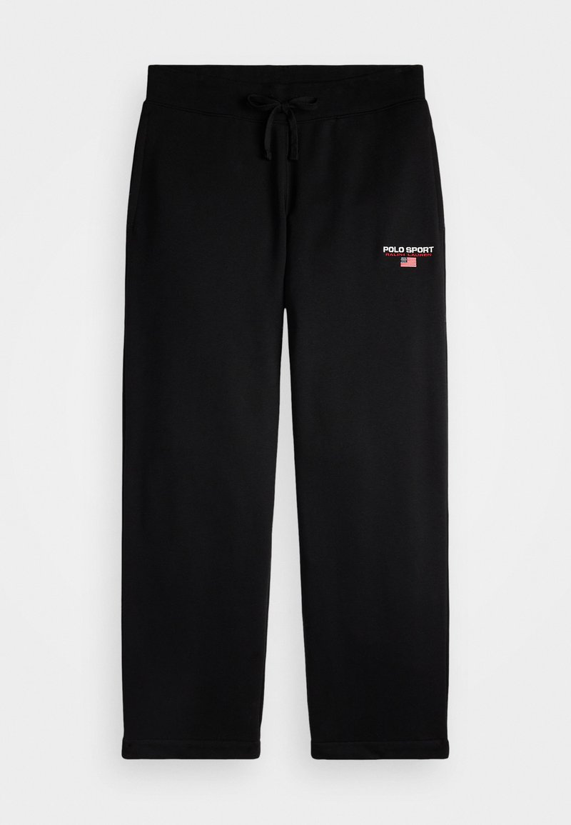 Čierne teplákové nohavice s nastaviteľným pásom, malé logo "Polo Sport Ralph Lauren" a americká vlajka na hornej ľavej stehne.