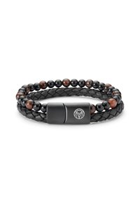Schwarzes geflochtenes Lederarmband mit abwechselnd schwarzen und braunen Perlen, mit einem metallischen Verschluss, der mit einem Löwenlogo verziert ist.