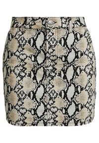 Mini-jupe imprimée serpent en beige et noir, présentant un design ajusté, une fermeture à boutons sur le devant et un motif texturé détaillé sur l'ensemble.