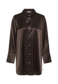 Brown satin shirt with long sleeves, classic collar, and button-down front featuring six shiny buttons; smooth texture and slightly loose fit.
