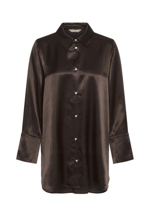 Brown satin shirt with long sleeves, classic collar, and button-down front featuring six shiny buttons; smooth texture and slightly loose fit.