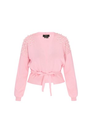 Rosa Strickjacke mit einem Bindeband in der Taille, langen Ärmeln und Perlenverzierungen an den Schultern. Hergestellt aus einem weichen Strickmaterial, mit einer lockeren Passform.