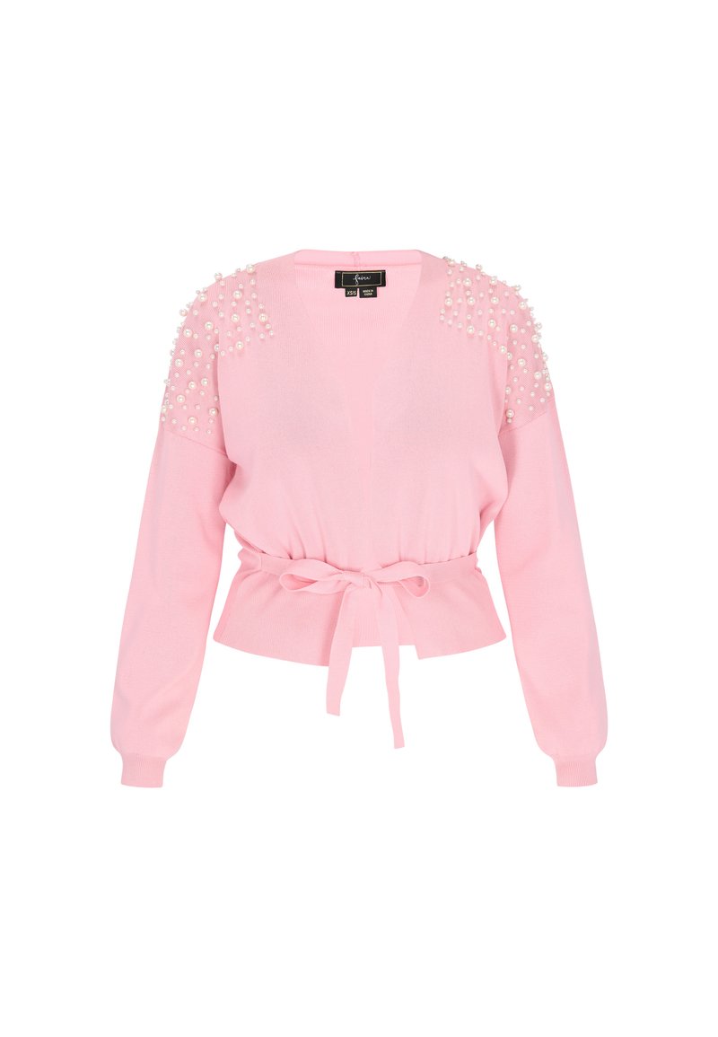 Cardigan rosa con cinta en la cintura, mangas largas y acentos de perlas en los hombros. Hecho de un material de punto suave, con un corte holgado.