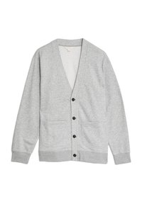 Cardigan grigio chiaro realizzato in morbido tessuto, con scollo a V, maniche lunghe, due tasche frontali e bottoni scuri lungo la parte anteriore.