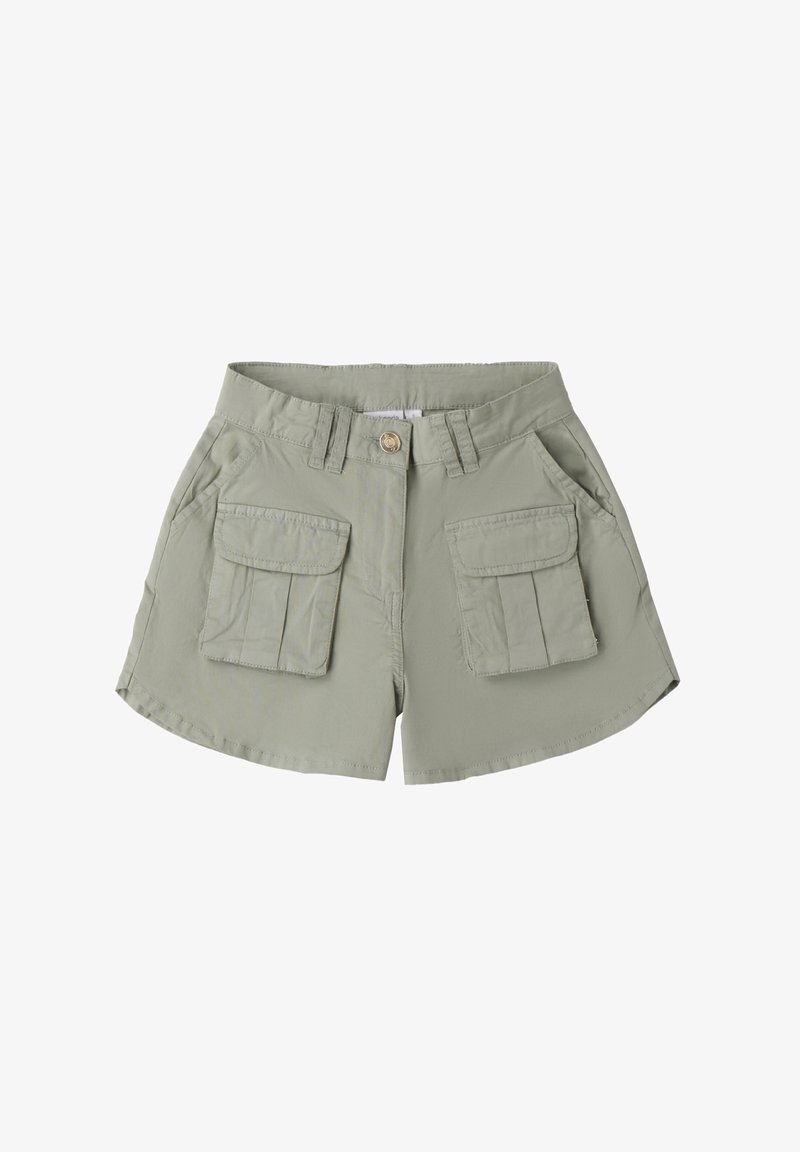 Pantaloni corti verde oliva con chiusura a bottone, due tasche frontali e due tasche laterali in stile cargo. Realizzati in tessuto leggero con una texture morbida.