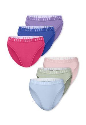 Seis bragas bikini de mujer en rosa, azul, morado, rosa claro, verde y azul claro, cada una con cinturillas con la marca "ELLE".