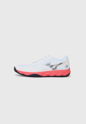 Running shoe featuring a white mesh upper with silver accents, pink midsole, and black rubber outsole; designed for comfort and durability.
