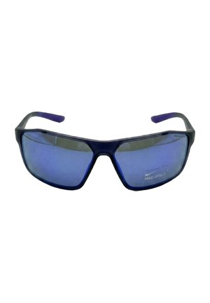 Occhiali da sole sportivi con montatura nera, lenti blu specchiate e logo "Max Optics" sulla lente destra.