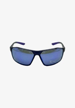 Occhiali da sole sportivi con montatura nera, lenti blu specchiate e logo "Max Optics" sulla lente destra.