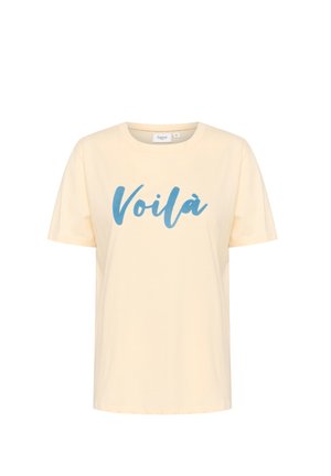 Kurzarm, gelbes Baumwoll-T-Shirt mit einem blauen, geschwungenen "Voilà"-Grafik auf der Vorderseite. Klassische Rundhalsausschnitt-Design.
