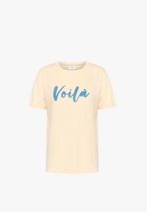 Kurzarm, gelbes Baumwoll-T-Shirt mit einem blauen, geschwungenen "Voilà"-Grafik auf der Vorderseite. Klassische Rundhalsausschnitt-Design.
