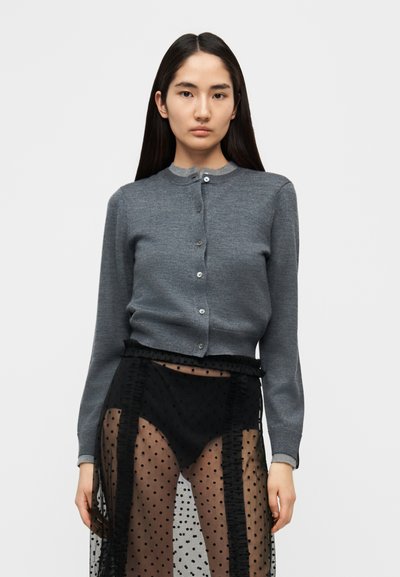 Cardigan gris à encolure ronde, manches longues, fermeture par boutons, associé à une jupe noire transparente à pois avec des accents à volants.