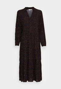 Abito lungo nero con scollo ruffles e maniche lunghe, caratterizzato da un motivo di pois arancioni sparsi e un design a gonna a strati.