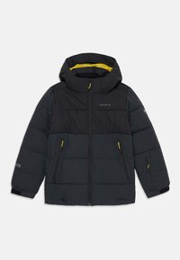 Black puffer jacket with a hood, featuring yellow accents, two zippered side pockets, and a warm, quilted texture throughout.