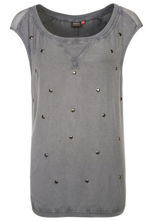 Graues ärmelloses Top mit Rundhalsausschnitt, das gleichmäßig verteilte schimmernde Nieten auf der Vorderseite aufweist und verstärkte Nähte für Langlebigkeit hat.