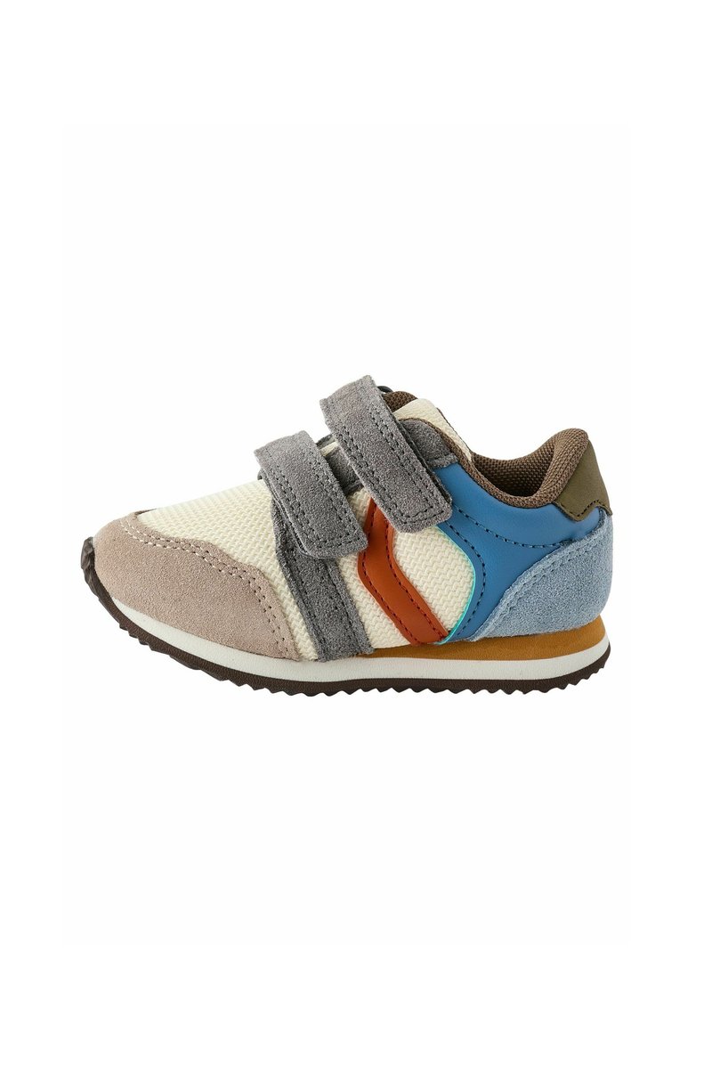 Kinder sneakers met een bovenwerk van mesh in roomkleur, beige en blauwe tinten, met grijze en oranje accenten en klittenbandsluitingen. Rubberen zool.