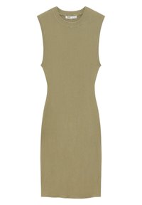 Robe sans manches en maille vert olive, avec une silhouette ajustée, une texture côtelée et un col rond. Design simple et épuré.