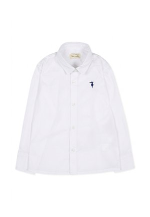 Chemise blanche à manches longues avec boutons et col, avec un petit logo brodé bleu foncé sur la poitrine gauche.