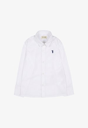 Chemise blanche à manches longues avec boutons et col, avec un petit logo brodé bleu foncé sur la poitrine gauche.