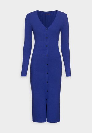 Midi-jurk met lange mouwen, geribbelde gebreide stof, knoopsluiting aan de voorkant in levendig blauw met V-hals en een slim-fit silhouet.