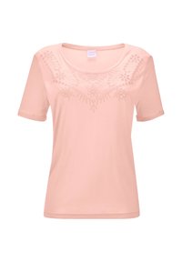 Rosa T-Shirt mit kurzen Ärmeln, aus weichem Baumwollstoff, mit einem bestickten Blumenmuster entlang des Halsausschnitts und dezent umgeschlagenen Ärmeln.