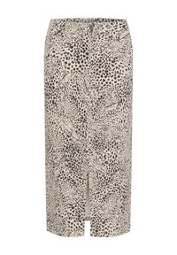 Jupe midi en imprimé léopard beige et noir, avec une fente à l'avant, une taille élastique et une texture de tissu douce.