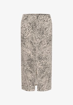 Leopard print midi skirt in beige and black, featuring a front slit, elastic waist, and a smooth fabric texture.