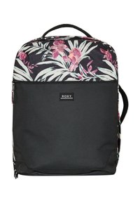 Zwarte rugzak met een bloemenbovenkant met orchideeën en palmbladeren, dubbele ritsen en een Roxy-logo op de voorkant. Textuurstof overal.