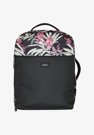 Schwarzer Rucksack mit floralem Oberteil, das Orchideen und Palmenblätter zeigt, doppelte Reißverschlüsse und ein Roxy-Logo auf der Vorderseite. Strukturiertes Material überall.