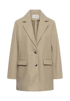 Manteau en laine beige mélangé avec un col cranté, deux poches avant et deux boutons, offrant une silhouette épurée et ajustée.