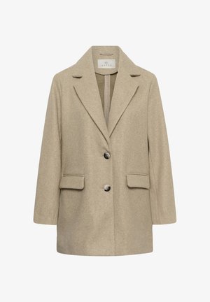 Manteau en laine beige mélangé avec un col cranté, deux poches avant et deux boutons, offrant une silhouette épurée et ajustée.