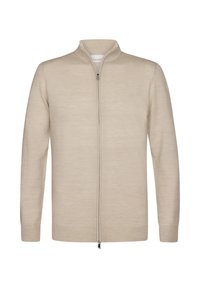 Suéter beige con cremallera y cuello alto, de mangas largas y textura de lana suave. Presenta una cremallera central y puños y dobladillo acanalados.