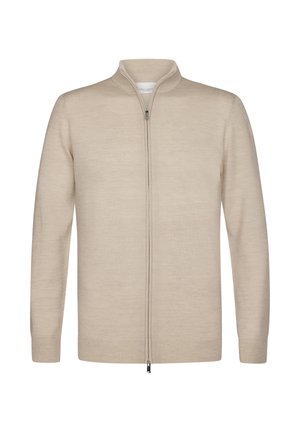 Beige Kapuzenpullover mit Reißverschluss, hohen Kragen, langen Ärmeln und glatter Wollstruktur. Verfügt über einen zentralen Reißverschluss sowie gerippte Bündchen und Saum.