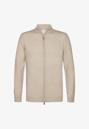Pull à fermeture éclair beige avec un col montant, des manches longues et une texture en laine lisse. Dispose d'une fermeture éclair centrale et de poignets et d'un bas côtelés.