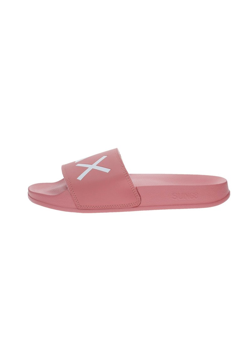 Infradito rosa realizzato in gomma, con una larga fascia decorata da un motivo a croce bianco, soletta strutturata e suola piatta.