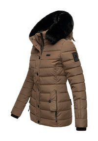 Brown insulated jacket with a faux fur-lined hood, quilted design, zippered and snap button closures, and a black logo patch on the sleeve.
