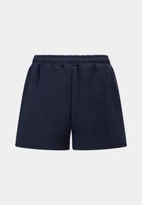 Mørkeblå shorts laget av mykt bomullsmateriale, med elastisk midje og en avslappet passform, med en jevn tekstur og uten synlige mønstre.