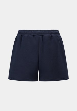 Mørkeblå shorts laget av mykt bomullsmateriale, med elastisk midje og en avslappet passform, med en jevn tekstur og uten synlige mønstre.