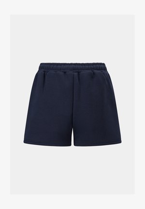 Mørkeblå shorts laget av mykt bomullsmateriale, med elastisk midje og en avslappet passform, med en jevn tekstur og uten synlige mønstre.