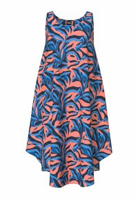 Vestido sin mangas con un vibrante patrón floral en azul y coral sobre un fondo oscuro, con una silueta acampanada y una tela fluida.