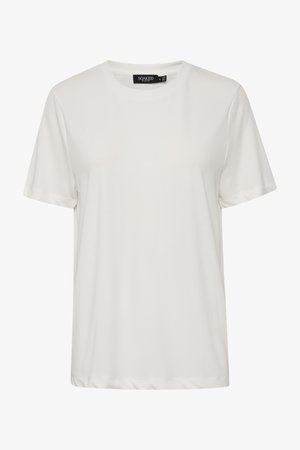 Valge lühikeste varrukatega T-särk, mis on valmistatud pehmest kangast. Omab ümarat kaelust ja lõtvä fit'i. Minimalistlik disain, ilma nähtavate mustrite või aktsendita.