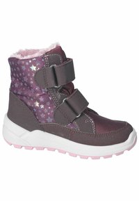 Botas de un púrpura oscuro con un patrón de estrellas; cuentan con un forro de piel sintética rosa, dos correas ajustables, suela de goma blanca y suela de goma texturizada.