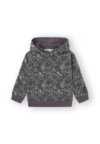 Sudadera con capucha para niños con un estampado abstracto de leopardo multicolor, puños y dobladillo acanalados, sobre un fondo blanco.