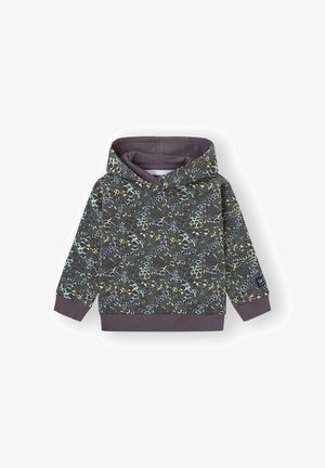 Sudadera con capucha para niños con un estampado abstracto de leopardo multicolor, puños y dobladillo acanalados, sobre un fondo blanco.